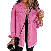 Vetinee Women’s Oversized Button Up Frayed Hem Shacket Long Sleeve Pockets Denim Jean Jacket