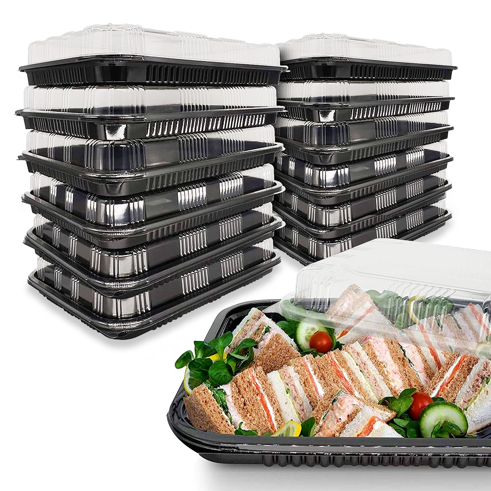 HIYAA Sandwich Platter Trays With Lids, Pack of 12 Reusable Plastic Catering Trays With Lids for Meal Prep, Cakes, Treats and Sandwiches