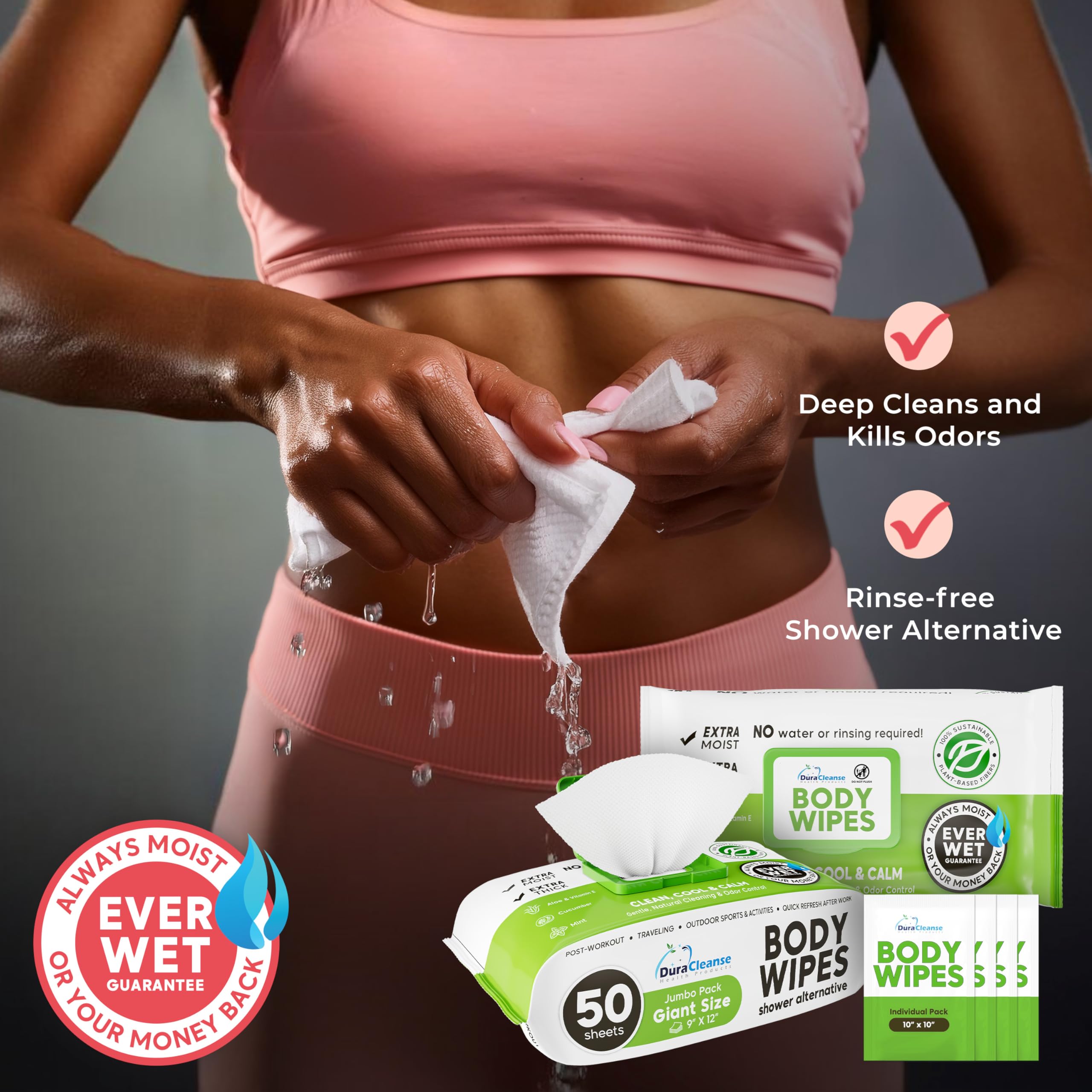 Body Wipes for Women, Extra Moist No Rinse Bathing Wipes - 50 XL Shower Cloths + 4 Travel Size Bath Sheets - 9