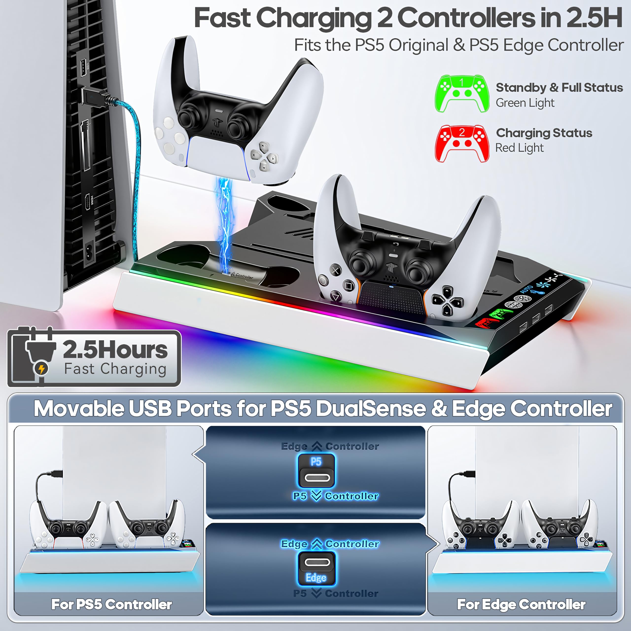 Tokluck PS5/PRO/Slim Ständer mit Automatisch Einstellbarer 3-Stufen-Lüfter für Alle PS5 Konsole, PS5 Standfuß und Controller Ladestation für PS5 & Edge Controller, PS5 Zubehörset 4
