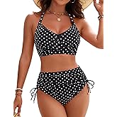 Blooming Jelly Womens High Waisted Bikini Sets Drawstring Tummy Control Swimsuits Crisscross Tie Back Bathing Suit