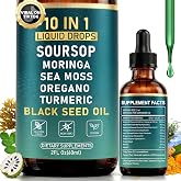 10-in-1 Soursop Bitters Liquid Drops, 2000 mg Soursop Complex +1700 mg Core Ingredients, with Black Seed Oil, Sea Moss, Moringa, Oregano,Ashwagandha, Gut Cleanse&amp;Detox,Digestive Support, Vegan, 2Fl Oz