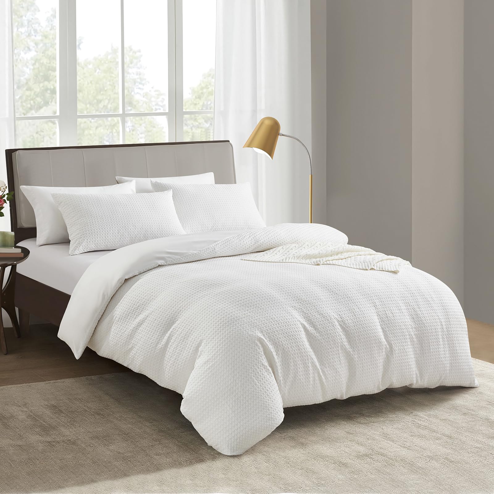 KASYLAN Breathable Duvet Cover Set with Zipper Closure - Waffle Dobby Weave Texture Duvet Sets, Modern Boho Duvet Cover & Pillow case, Microfiber Bedding Quilt Cover Set (Single, White) — image 1