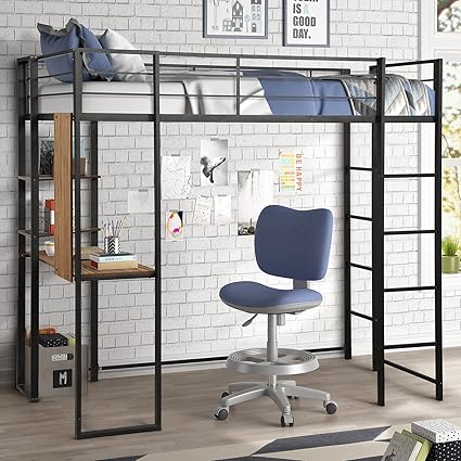 Metal Loft Bed With Desk And 2 Shelves Twin Full Loft Bed Frame For Kids Adults Twin Black Amazon In Furniture Metal Loft Bed With Desk And Shelves