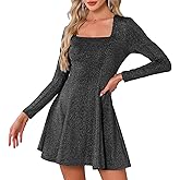 Allegra K Glitter Party Dress for Women Sparkling Square Neck Long Sleeve Cocktail Mini Dress A-Line Evening Clubwear
