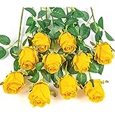 Flojery 10pcs Artificial Rose Flowers Long Stem Fake Silk Roses for DIY Wedding Bouquet Table Centerpiece Home Decor (Yellow)