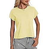 Womens Summer Tops, Cotton Crew Neck Cap Sleeve Loose Fit Shirts, Casual Trendy Lightweight Pullover Basic Tees