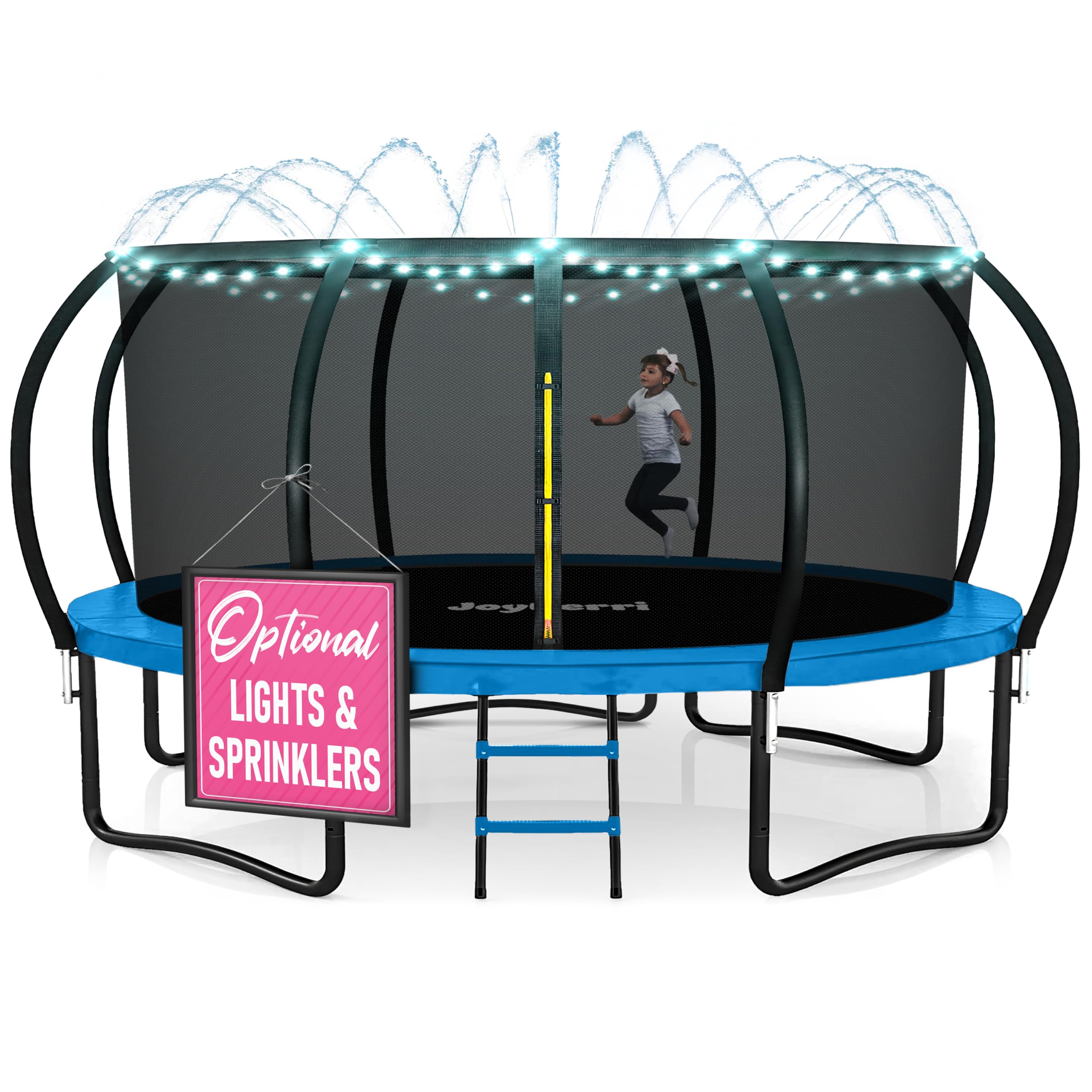 JoyBerri Trampoline Outdoor - Upsurge ASTM Certified Safe 8Ft 10Ft 12Ft 14Ft 15Ft 16Ft Recreational Trampoline for Kids and Adults. Anti-Rust Coating with Enclosure Net, Ladder, Sprinkler & LED Lights