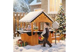 JOYMOR Kids Outdoor Playhouse with Sink Toys, Picnic Table, Mailbox, Spacious Wooden Toddler Playhouse for Backyard Kids 3-8Y DIY Room with Flowerpot Holders, Plastic Basin (Light Brown)