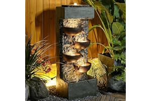 Sunlinua Garden Water Fountain Cascading Bowl Waterfalls Fountain Floor Standing Water Fountains with LED Lights, Pump, Natural Stones for Garden, Living Room, Patio, 43in Height