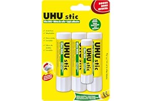 UHU stic, Bâton de colle sans solvant, lavable, bouchon à visser, pour école, artisanat, scrapbooking 3 x 21 g + bonus 8,2 g 