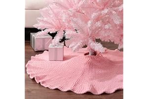 LimBridge Knitted Christmas Tree Skirt: 36 Inch Pink Lotus Leaf Edge Chunky Crochet Tree Skirt with Round Wood Buttons, Christmas Tree Decorations for Merry Christmas Home Décor Party Gifts
