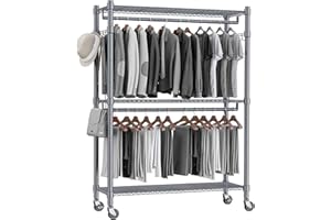 Homdox Rolling Clothes Rack Heavy Duty, 3-Tier Adjustable Wire Shelving Garment Organizer with Double Rods & Hooks, Portable Clothes Rack with Wheels, 17.72" D x 47.24" W x 80.71" H, Grey