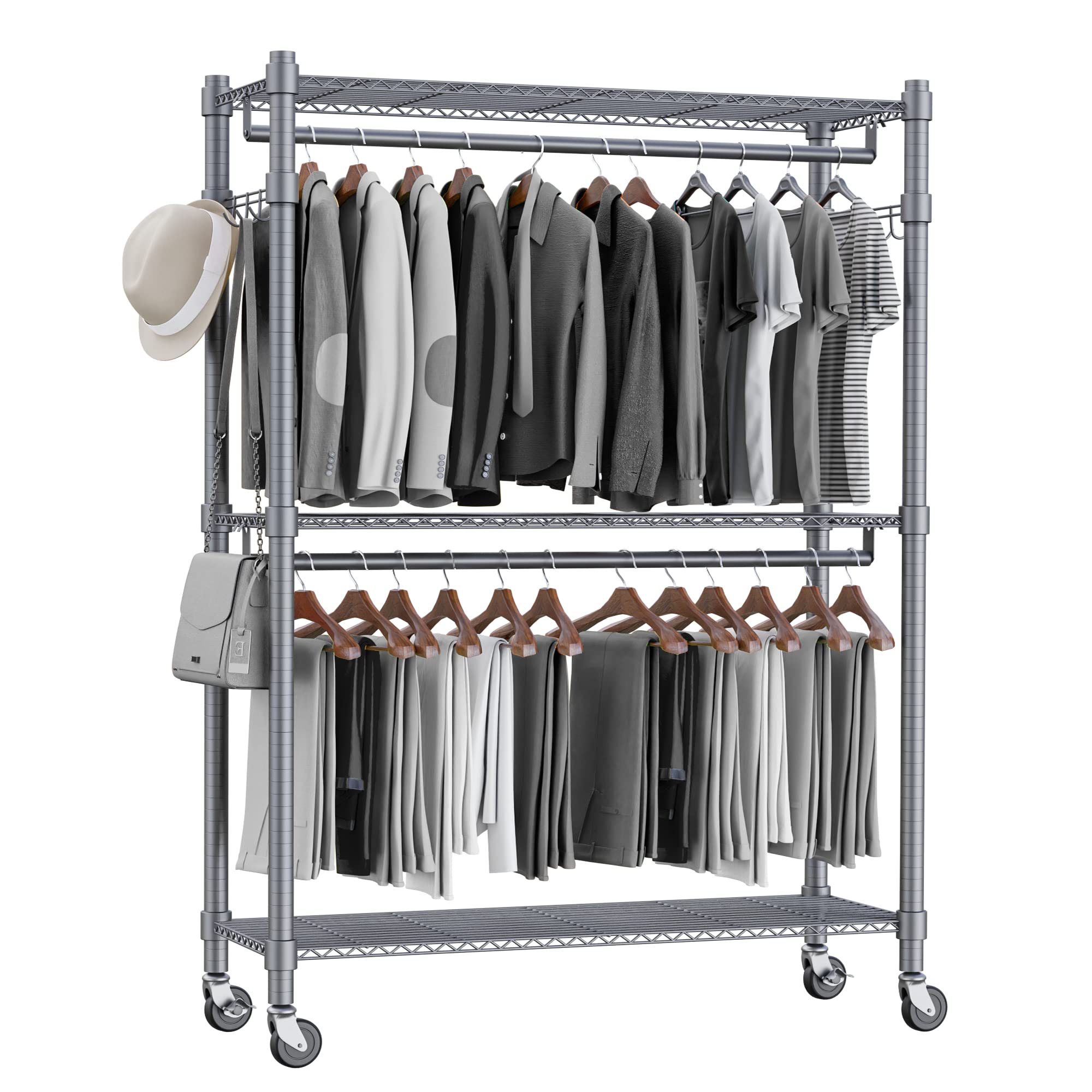 Photo 1 of ** Very used/ missing parts/ untested** Homdox Rolling Clothes Rack Heavy Duty, 3-Tier Adjustable Wire Shelving Garment Organizer with Double Rods & Hooks, Portable Clothes Rack with Wheels, 17.72" D x 47.24" W x 80.71" H, Grey
