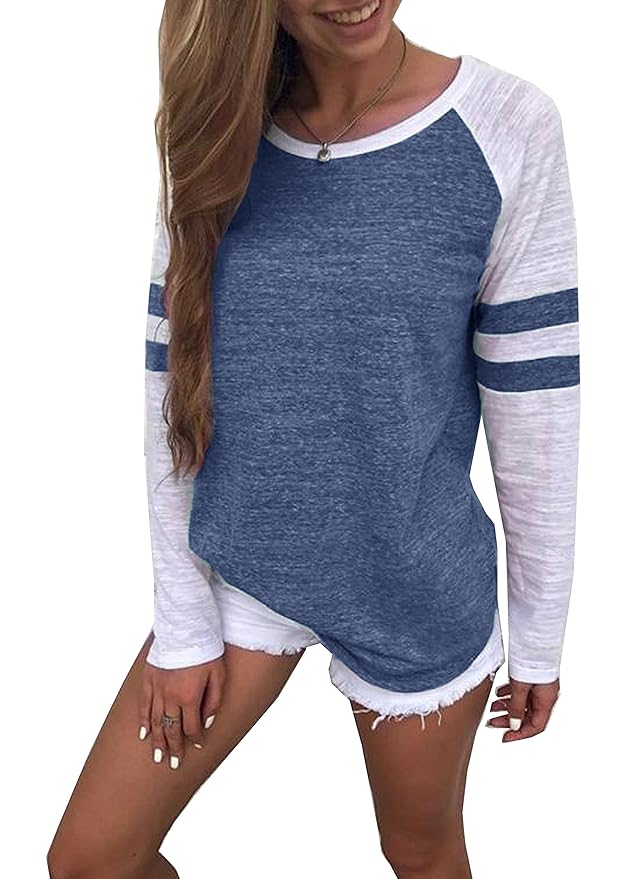 Hiistandd Damen Langarmshirt Farbblock Langarm Kurzarm T-Shirt Casual Rundhals Tunika Tops