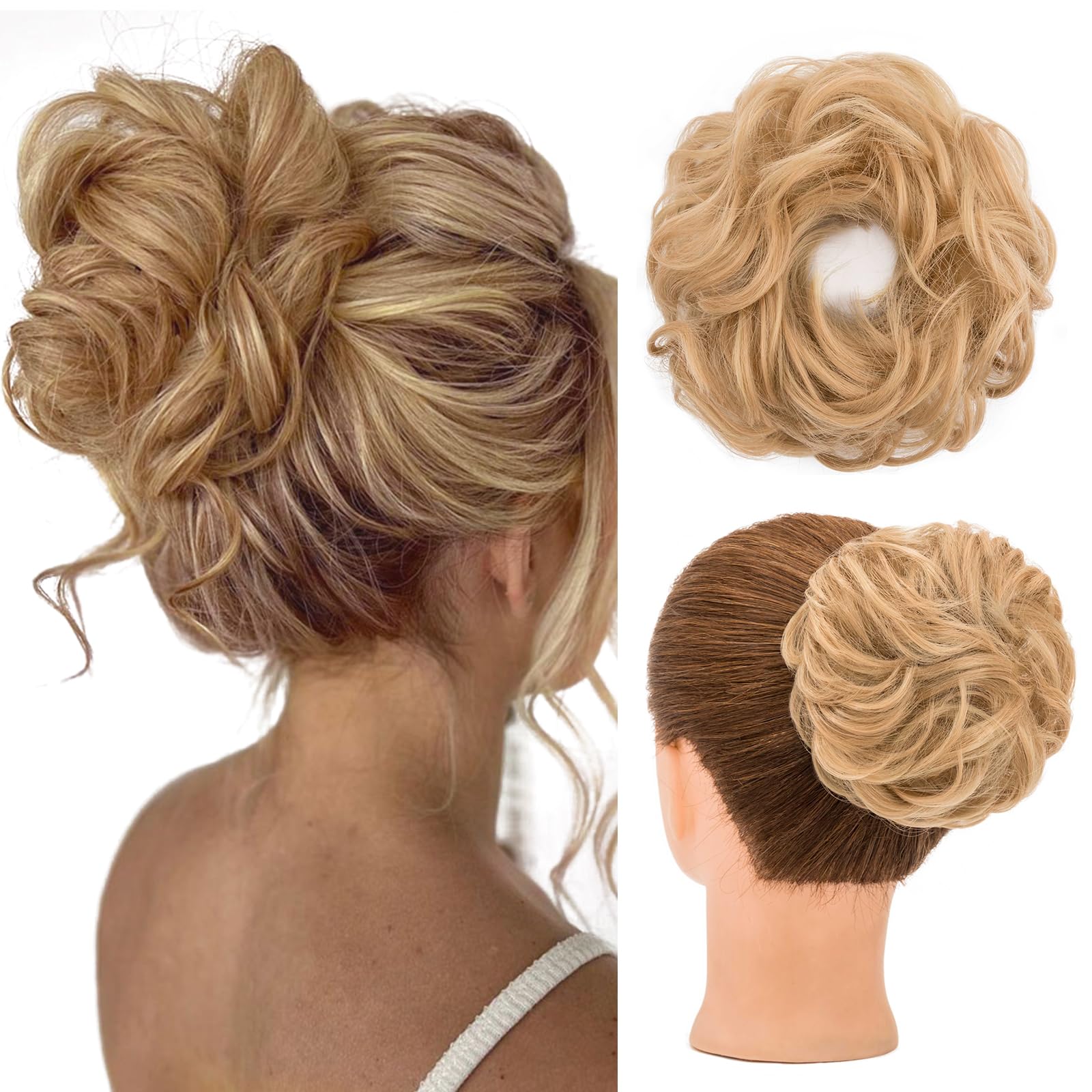 S-noilite Messy Bun Hair Piece, Curly Wavy Hair Bun Extensions, 30g - Golden Blonde