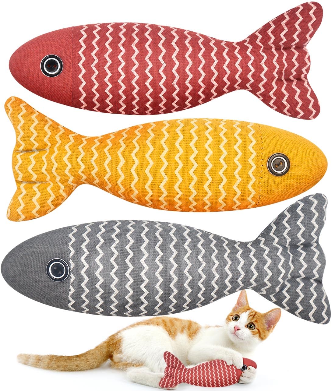 Aucenix Cat Catnip Toys Fish - Cat Nip Kicker Toy for Indoor Cats, Squeak Interactive Toys for All Breeds Kitten, 3 Pcs Plush Pillows Soft and Durable for Pet Teething, Chewing, Playing