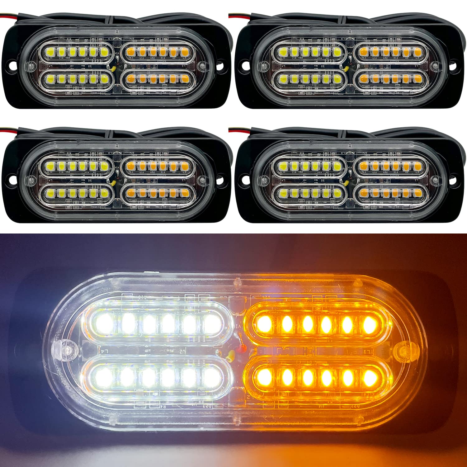 Photo 1 of 12-24V 24-LED Super Bright LED Emergency Strobe Lights Warning for Cars Trucks Vehicle SUV Caution Hazard Construction Waterproof Amber Strobe Bar with 32 Different Flashing- 4PCS (White Amber)