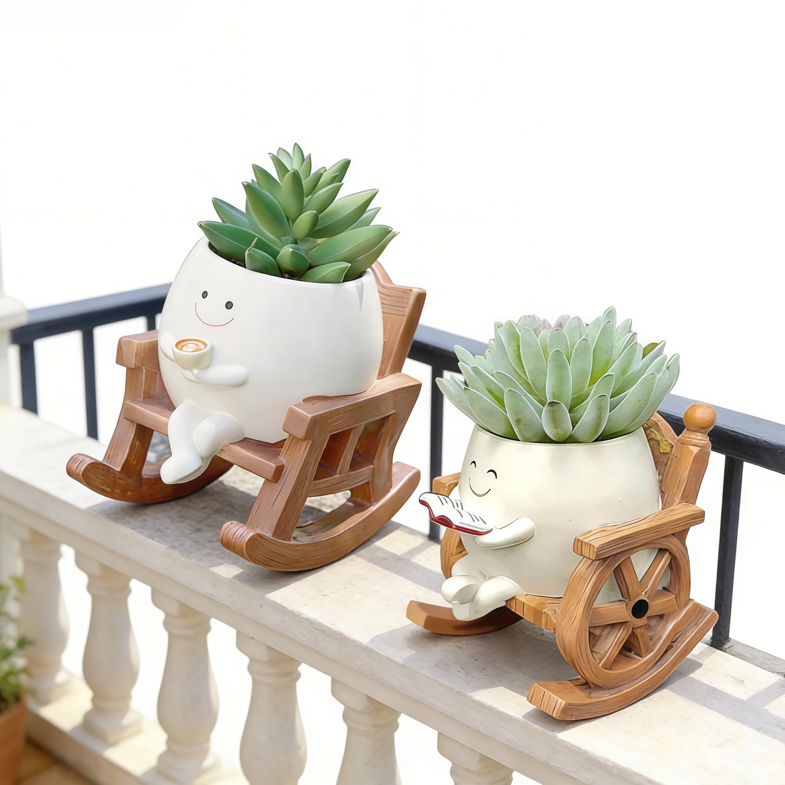 Ysislybin Smiley Face Flower Pot, 2 Pack Rocking Chair Flower Pot Cute Indoor Outdoor Flower Pots with Drainage Hole for Indoor and Outdoor Decoration
