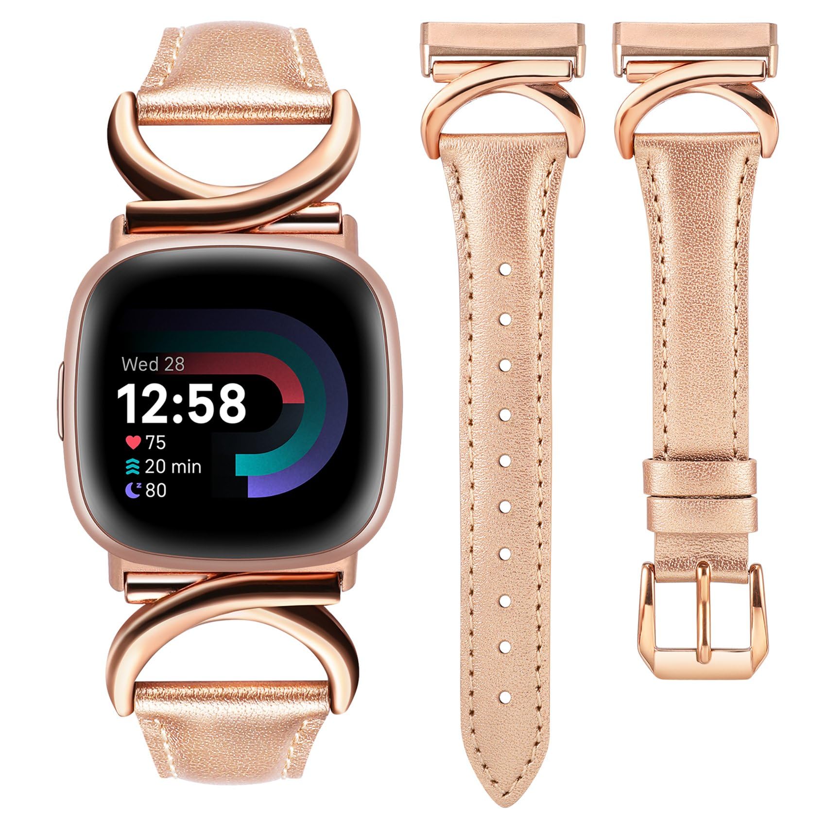 TOYOUTHS Leather Strap Compatible with Fitbit Versa 4/Versa 3/Sense 2 Women Slim Thin Dressy Elegant Premium Leather Strap with C-Shaped Metal Buckle for Versa 4, Rose Gold