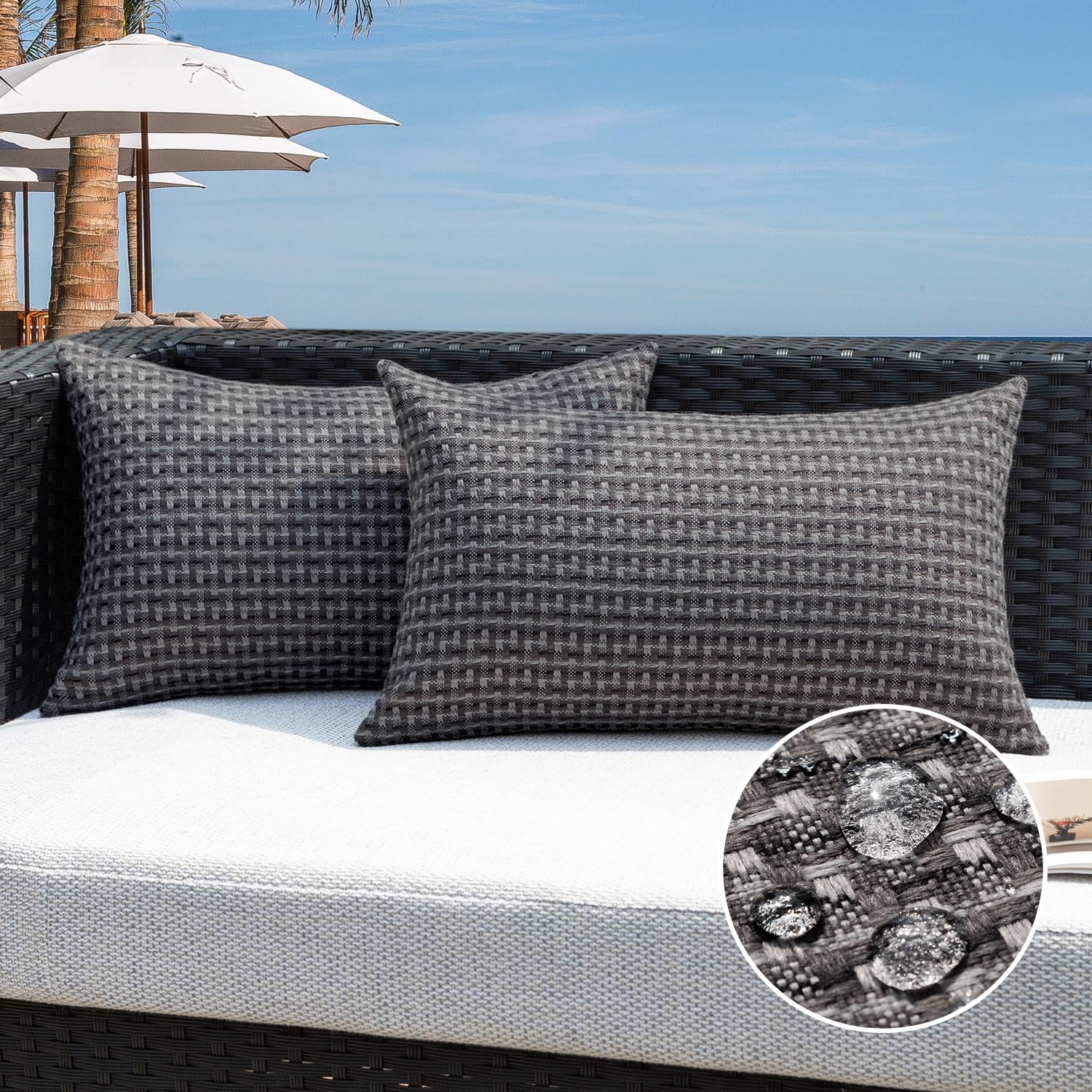 Photo 1 of Kevin Textile Outdoor Waterproof Throw Pillow Covers Pack of 2 Farmhouse Decorative Cushion Covers for Garden Patio Tent Balcony Bench Couch Sofa 12x20 Inch, Dark Grey