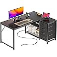 PRAISUN 43.3" Small Computer Desk with Power Outlets and USB-C Port, Reversible L Shaped Corner Office Desk with 4 Fabric Drawers and 2 Height-Adjustable Shelves, for Gaming Writing, Black
