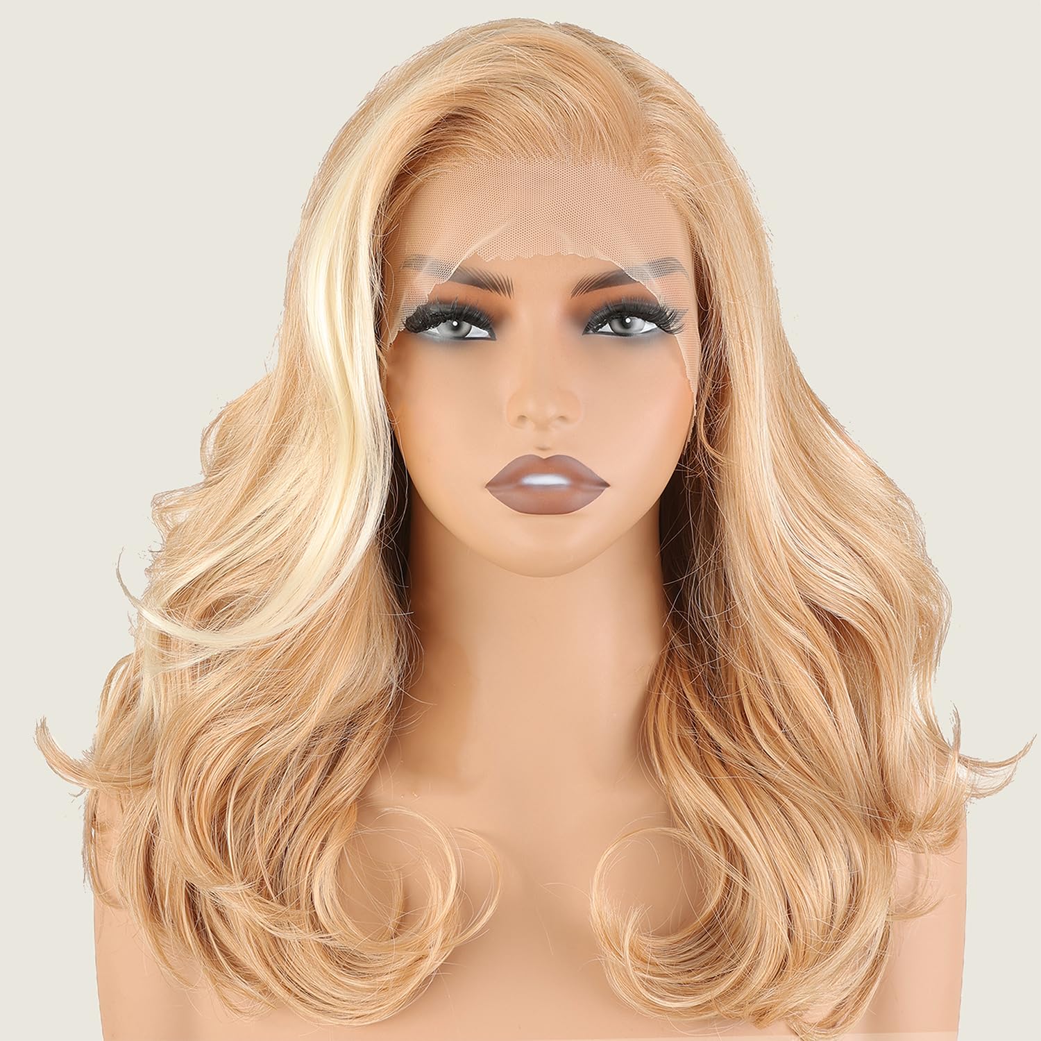 Photo 1 of SOKU 13X6 Body Wave Lace Front Wigs Pre Layered, 18 Inch Short Wavy Glueless Wigs Pre Plucked, Honey Blonde with White Highlight Synthetic Lace Front Wigs for Women, Ready to Wear Tiny Knots Bob Wig