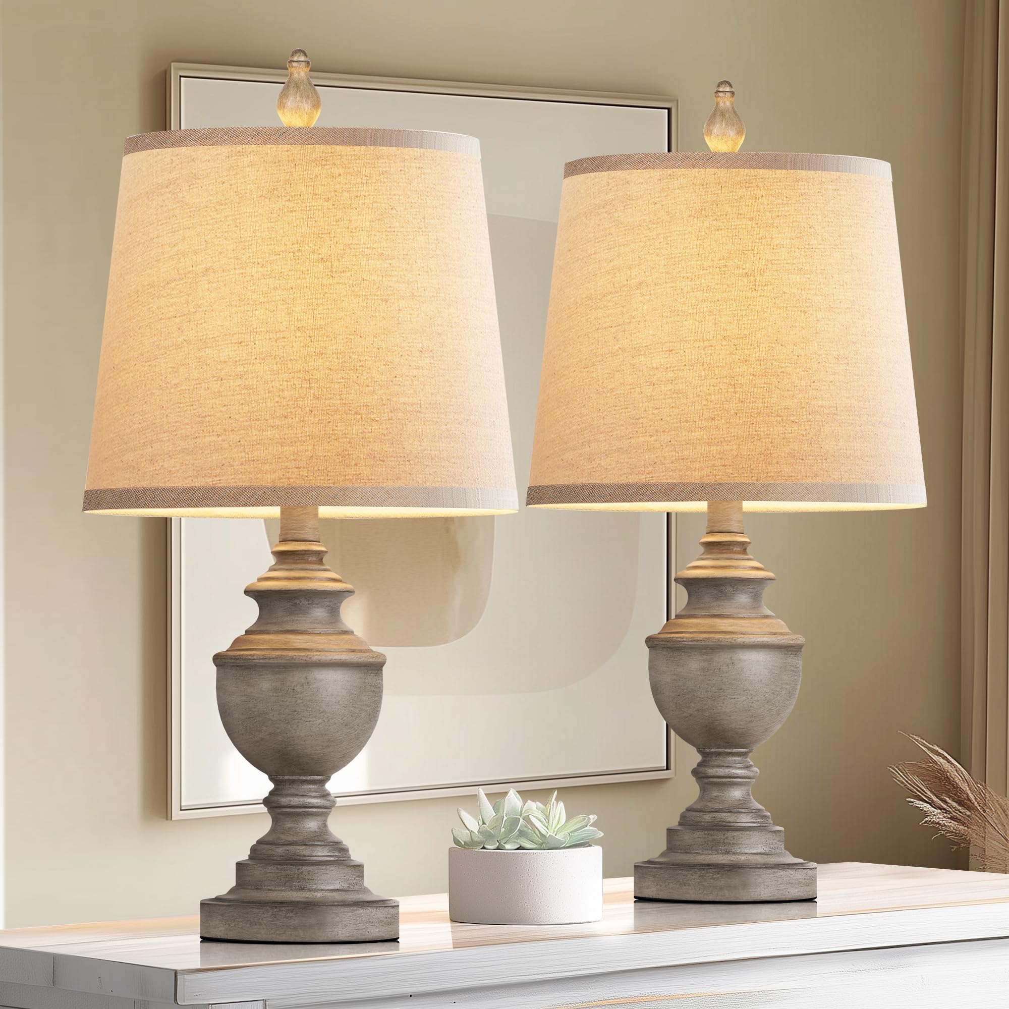 Photo 1 of ***NOT IN ORIGINAL BOX***PARTPHONER Retro Table Lamps Set of 2, Bedside Lamp for Bedroom Rustic Farmhouse Table Lamps for Living Room, 22" Vintage Nightstand Lamps with White Shades, Antique Grey