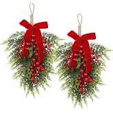 2PCS Red Christmas Decorations for Front Door Wreaths Fireplace Wall Decor | Artificial Berry Green Plant Hanging Decoration, for Winter Indoor Outdoor Holiday Decor