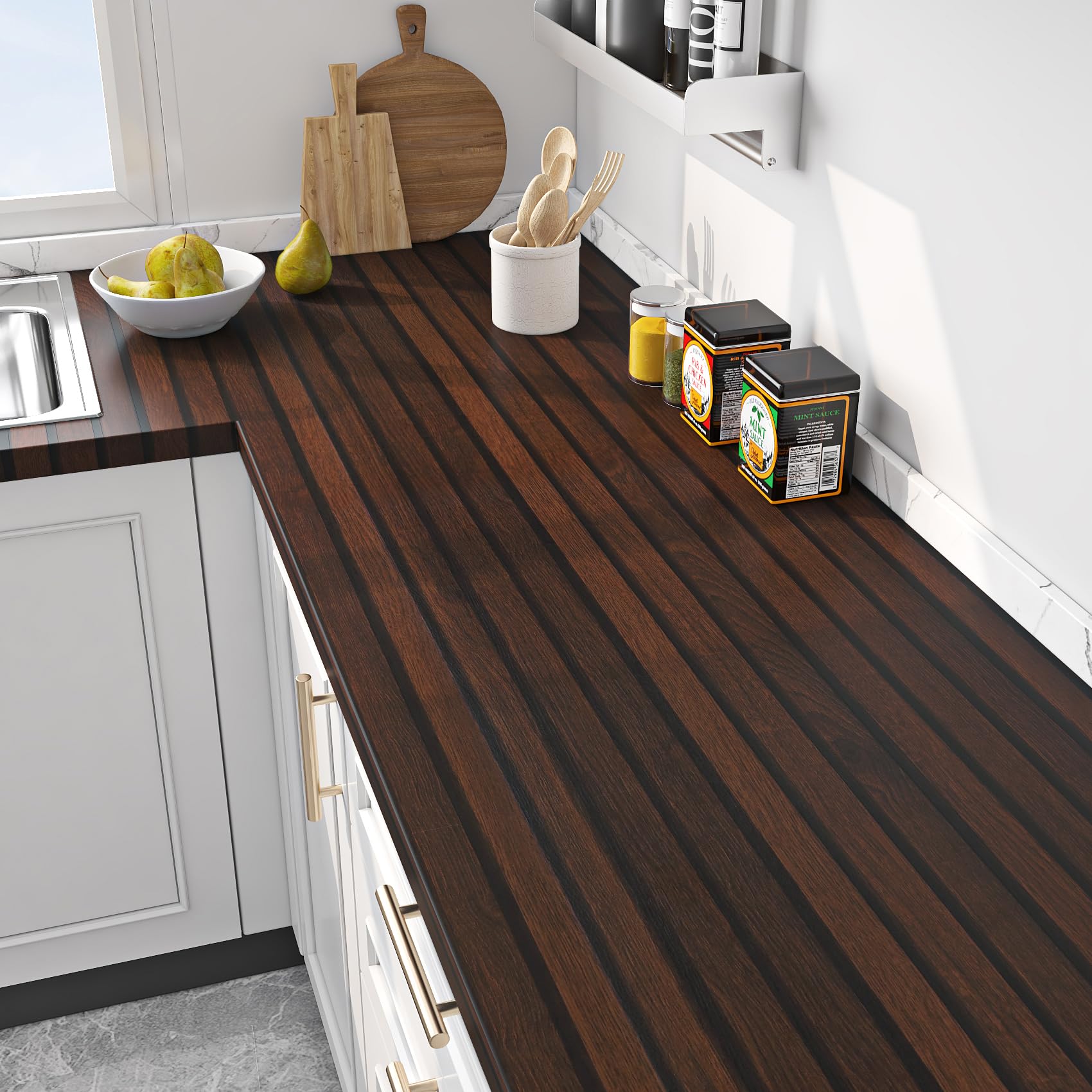 FunStick Peel and Stick Wallpaper Brown Walnut Wood Panel Effect Wallpaper for Kitchen Furniture Waterproof Wood Effect Sticky Back Plastic for Kitchen Vinyl Wrap for Desk 40CM×2M