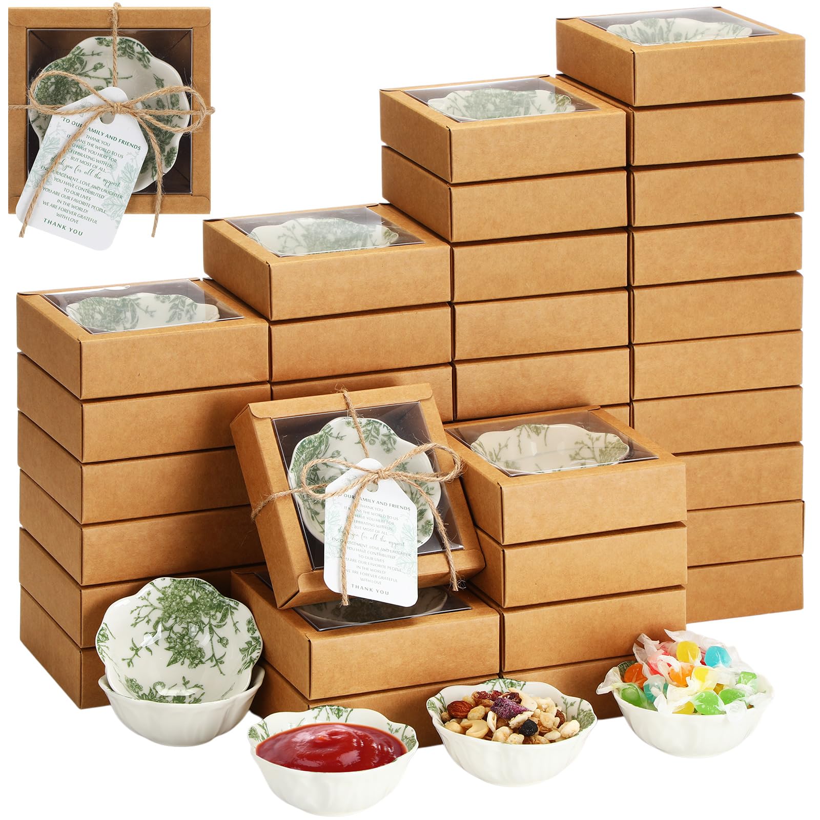 Photo 1 of Teenyyou 40 Pack Wedding Favors for Guests Small Ceramic Bowls Bulk Gifts Set 3.3 Inch Sage Green Verdure Design Mini Dipping Bowl Sauce Dish with Cards Box for Party Shower Favor Souvenir