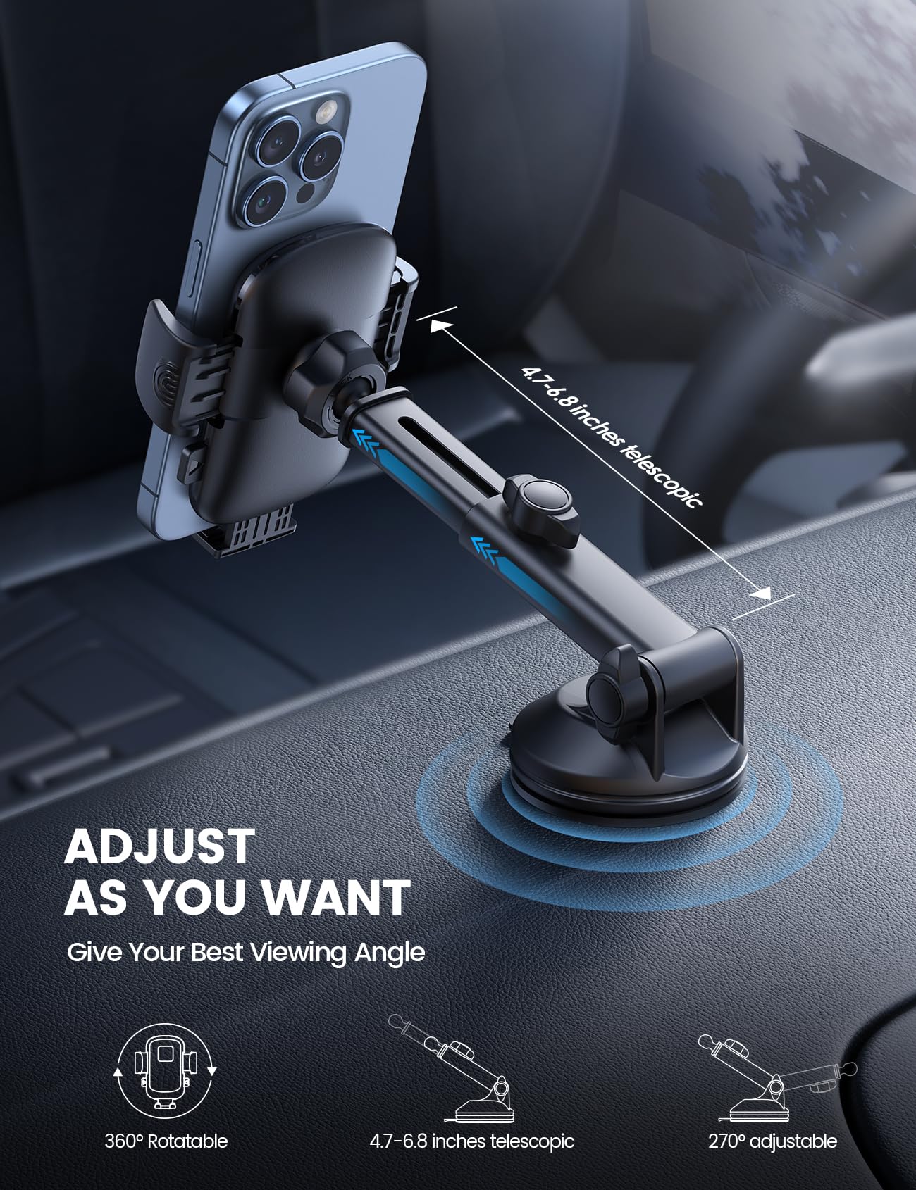 Lamicall Car Phone Holder Mount [3-in-1 Military-Grade Suction Cup] 360° Rotation Phone Holders for Your Car [Metal Hook] Cell Phone Car Mount Dashboard Vent Windshield for iPhone 16 All Smartphone