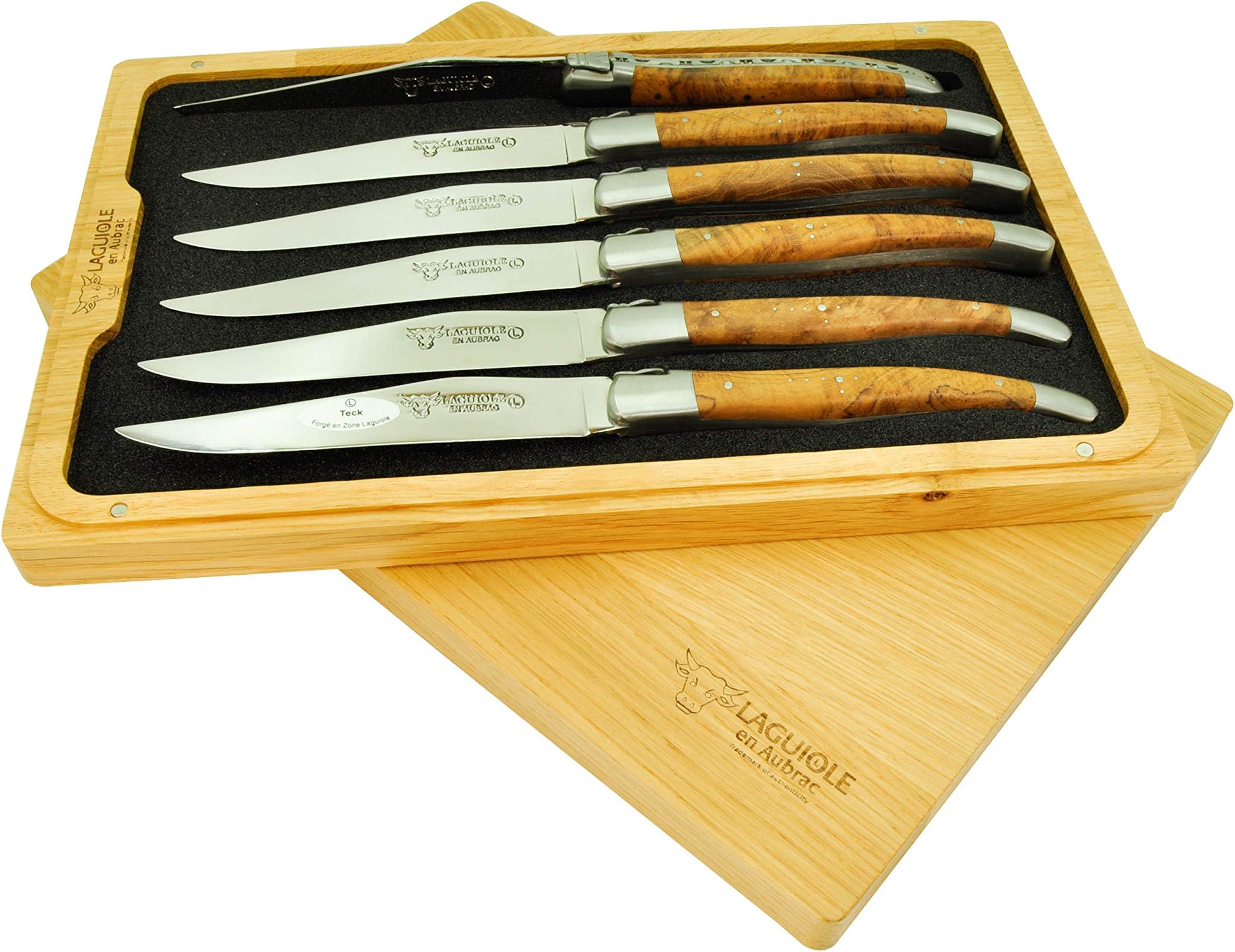 Laguiole en Aubrac Luxury Fully Forged Full Tang Stainless Steel Steak Knives 6-Piece Set, Teak Wood Handles, Stainless Steel Bolsters