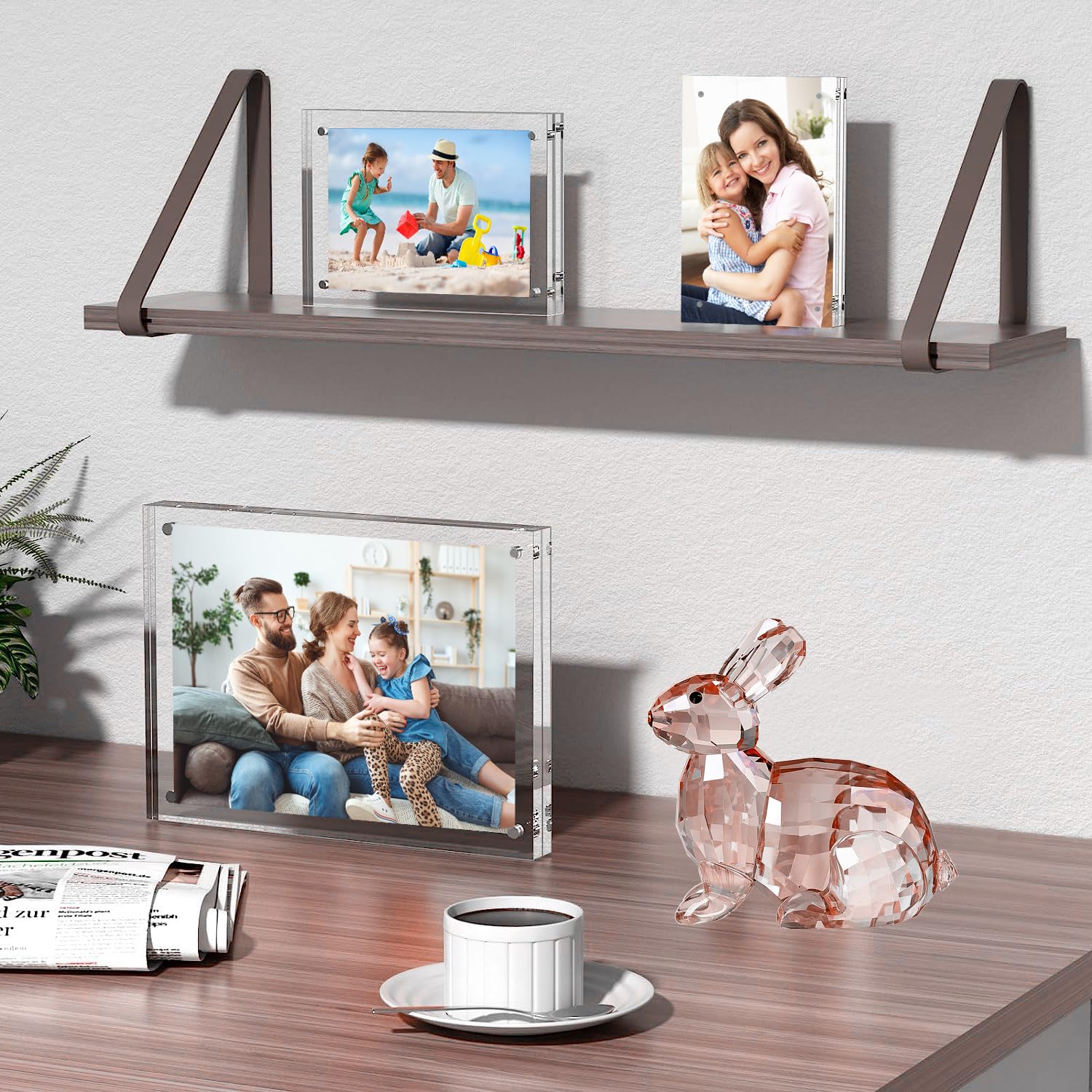 hansanti 3 Packs 4x6 Inch Acrylic Picture Frames, 20mm Thickness Magnetic Photo Frame, Clear Freestanding Double Sided Frameless Transparent Tabletop Acrylic Frame Stand for Desktop Display