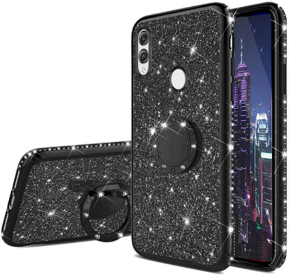 ISADENSER for Samsung A20S Case Galaxy A20S Case Ultra-Slim Glitter Bling Diamond Luxury Plating Silicon TPU Soft Cover with Ring Stand Holder for Samsung Galaxy A20S,Black TPU with Stand Holder