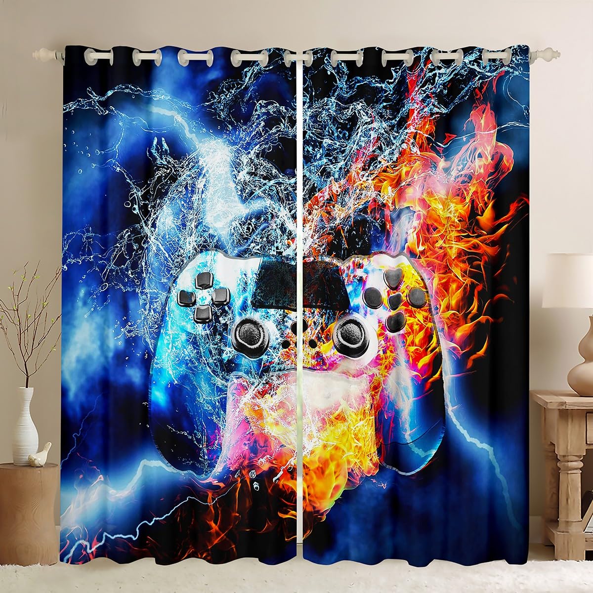 Loussiesd Colorful Gamepad Curtains Multi Color Video Game Window Curtains for Bedroom Living Room Decor Gradient Game Controller Windows Drapes Stylish Game Window Treatments,W46*L54