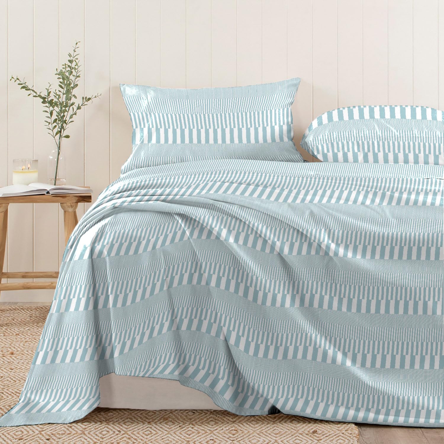 Pizuna Cotton Cascade Stripe Blue Print Flat Sheet Super King Size, 100% Long Staple Cotton 400 Thread Count Bedding, Sateen Flat Sheet 300x280 1 Pc Only — image 1
