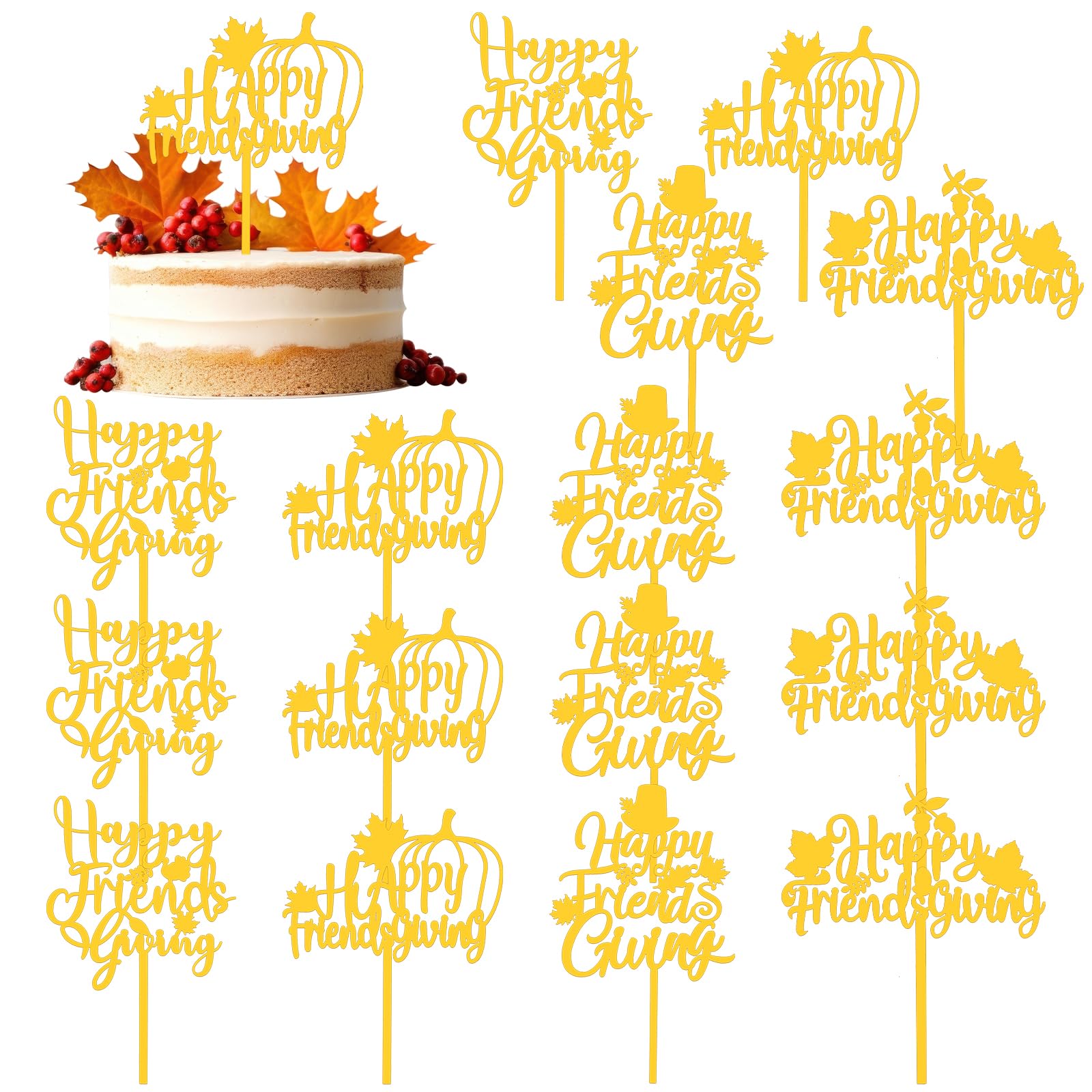 Photo 1 of 16 PCS Happy Friendsgiving Acrylic Cake Toppers Gold Glitter Happy Thanksgiving Cake Toppers for Happy Friendsgiving Party Favors Thanksgiving Theme Birthday Party Supplies