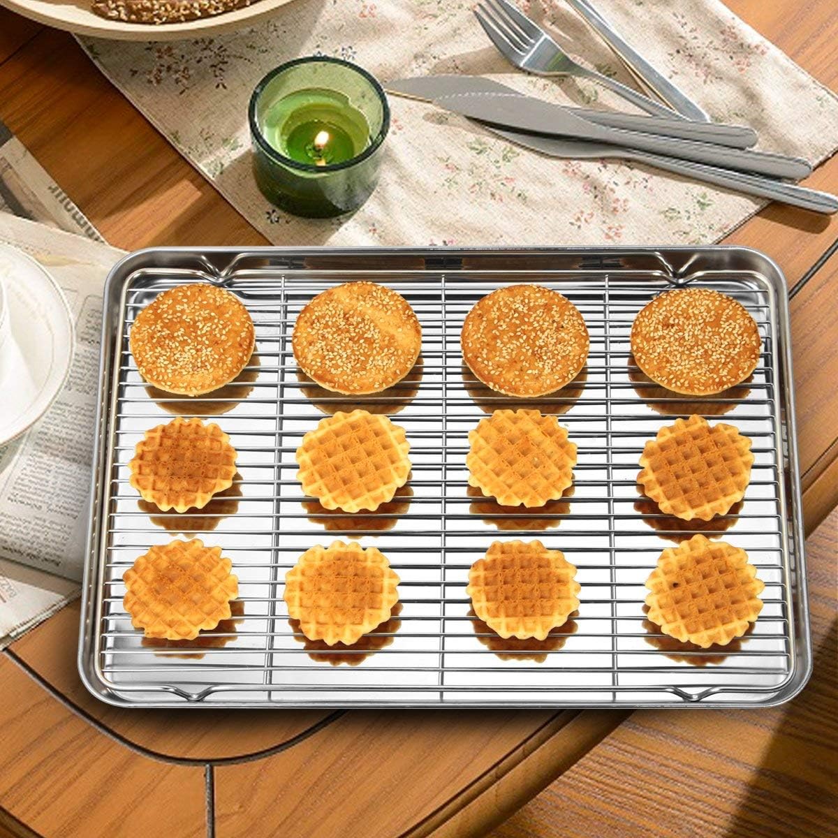 Wildone Baking Sheet & Rack Set [2 Sheets + 2 Racks], Stainless Steel Cookie Pan with Cooling Rack, Size 16 x 12 x 1 Inch, Non Toxic & Heavy Duty & Easy Clean: Kitchen & Dining