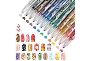 ABEIER Nail Art Pens Set, 12 Glitter Colors Water-Based Acrylic Ink Nail Polish Markers, Fine Point Tip, Dotting, and Lining, Complete DIY Manicure Kit for Home Salon Nail Designs