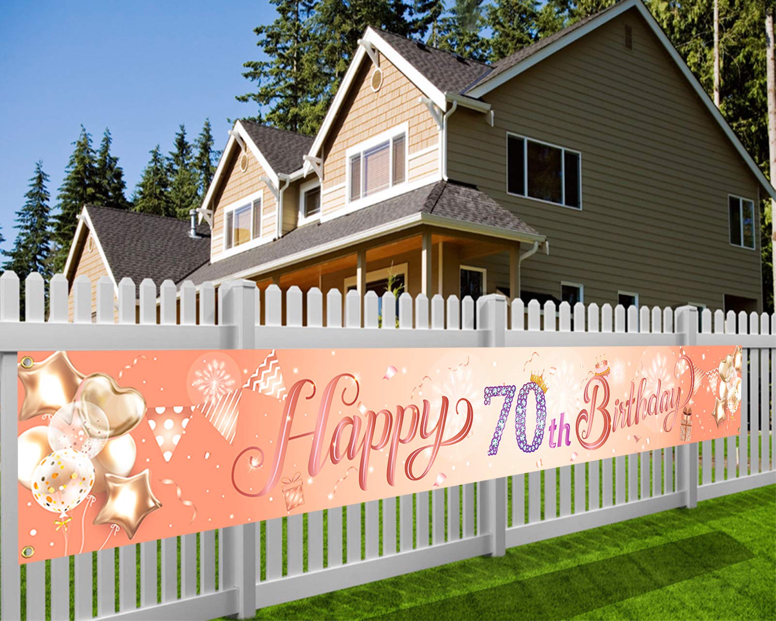 HOWAF Long Women 70th Birthday Banner Decoration Rose Gold, Happy Birthday Banner for Women 70th Backdrop Decoration for Photo Booth Garden Table Wall, 9 * 1.2 Feet