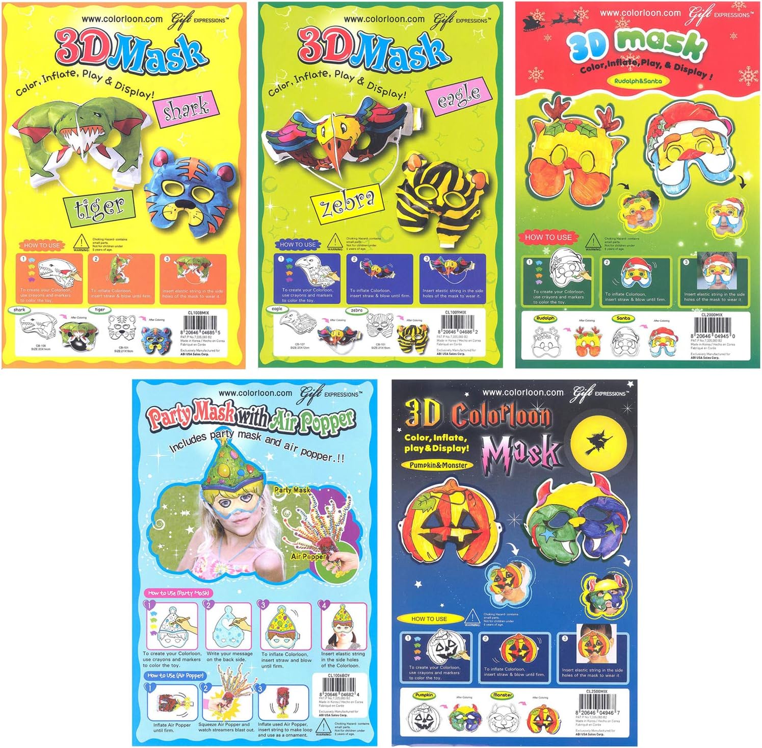 Gift Expressions 5 Designs 3D Mask Colorloon Form Cray Paint Colors On The Balloon Kidscrafts School Art Craft, Party Hat, Tiger & Shark, Zebra & Eagle, Christmas & Halloween Mask (Mask, 1 Set)