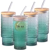 Cowjut 4pcs Glass Cups with Lids and Straws, 16 oz Iced Coffee Cups with Lids, Hobnail Drinking Tumbler Set for Matcha Latte Juice, Gradual Dark Green