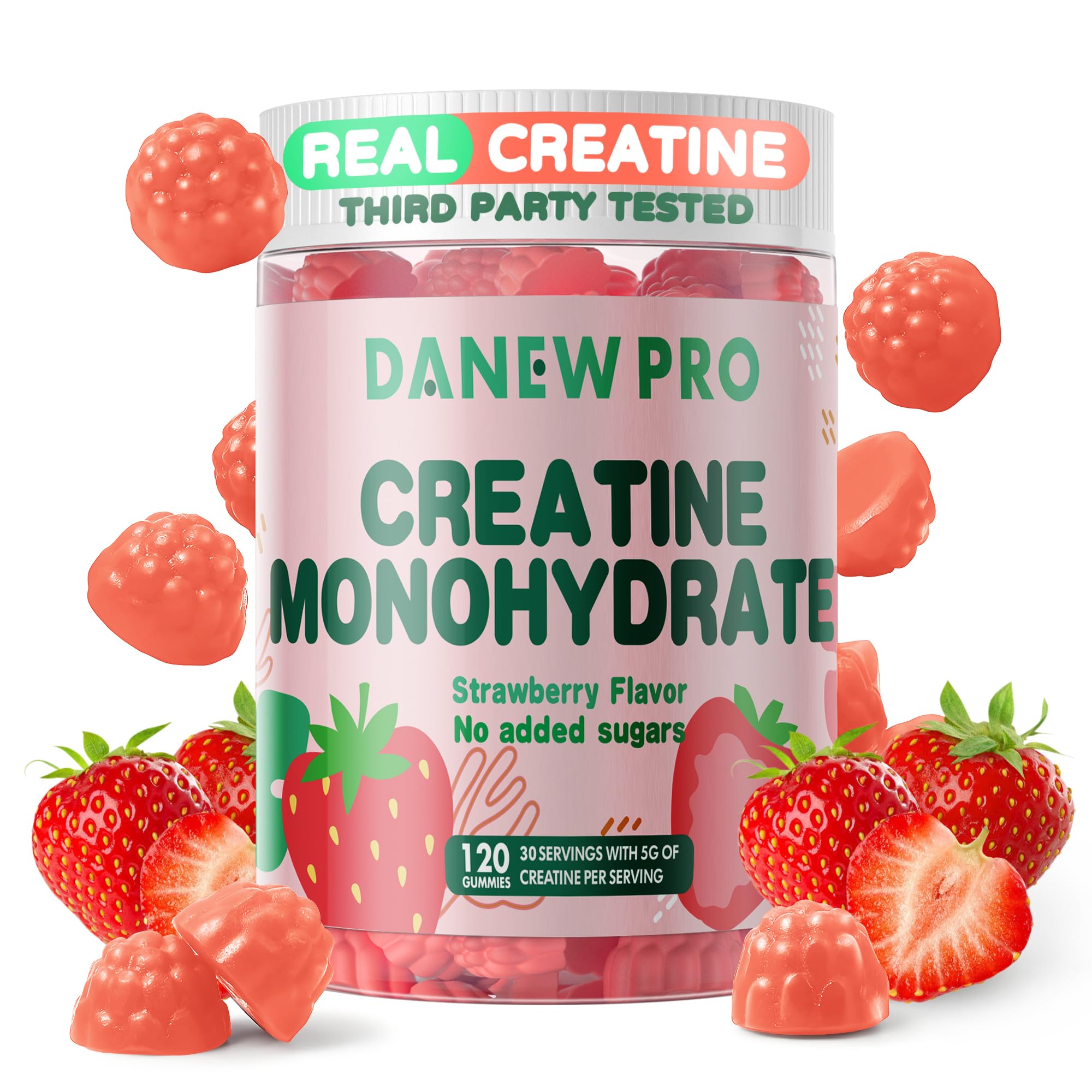 DANEW Pro Creatine Monohydrate Gummies for Men & Women, Creatine Monohydrate for Muscle Strength, Muscle Builder, Energy Boost, Pre-Workout Supplement(120 Count)-Strawberry Flavor