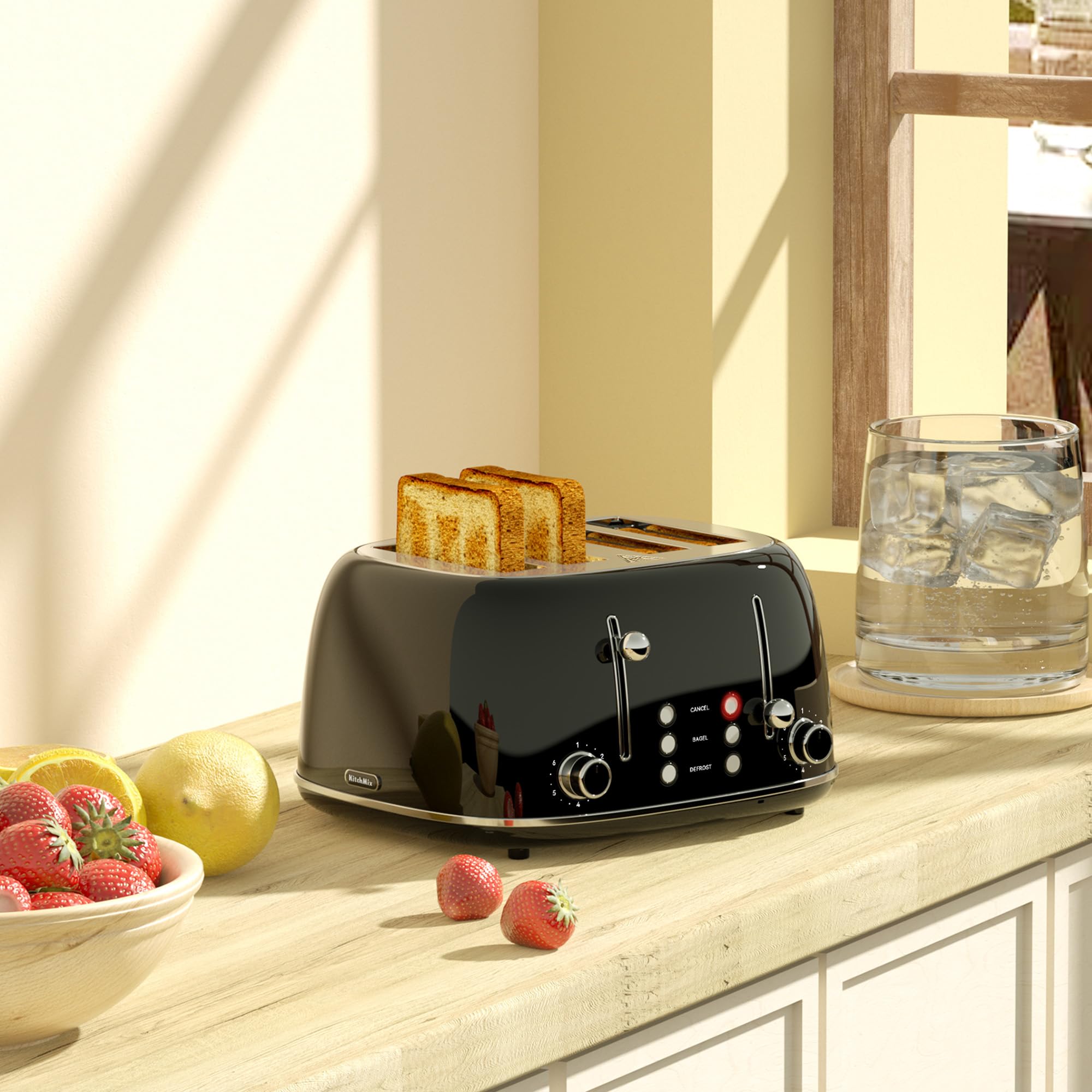 Tostadora de 4 rebanadas, tostadora retro de acero inoxidable con 6 configuraciones de pantalla de pan, ranuras de 1.5 pulgadas de ancho con funciones de cancelar/descongelar/recalentar, panel de control dual independiente, bandeja para migas de extracción (negro)