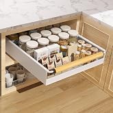 Upesitom Pull Out Cabinet Organizer, 15.3'' Deep Expandable Slide Out Cabinet Organizer Fixed with Adhesive Nano Film, Slide Out Drawers Pull Out Tray for Cabinet in Kitchen, Pantry, Bathroom, White