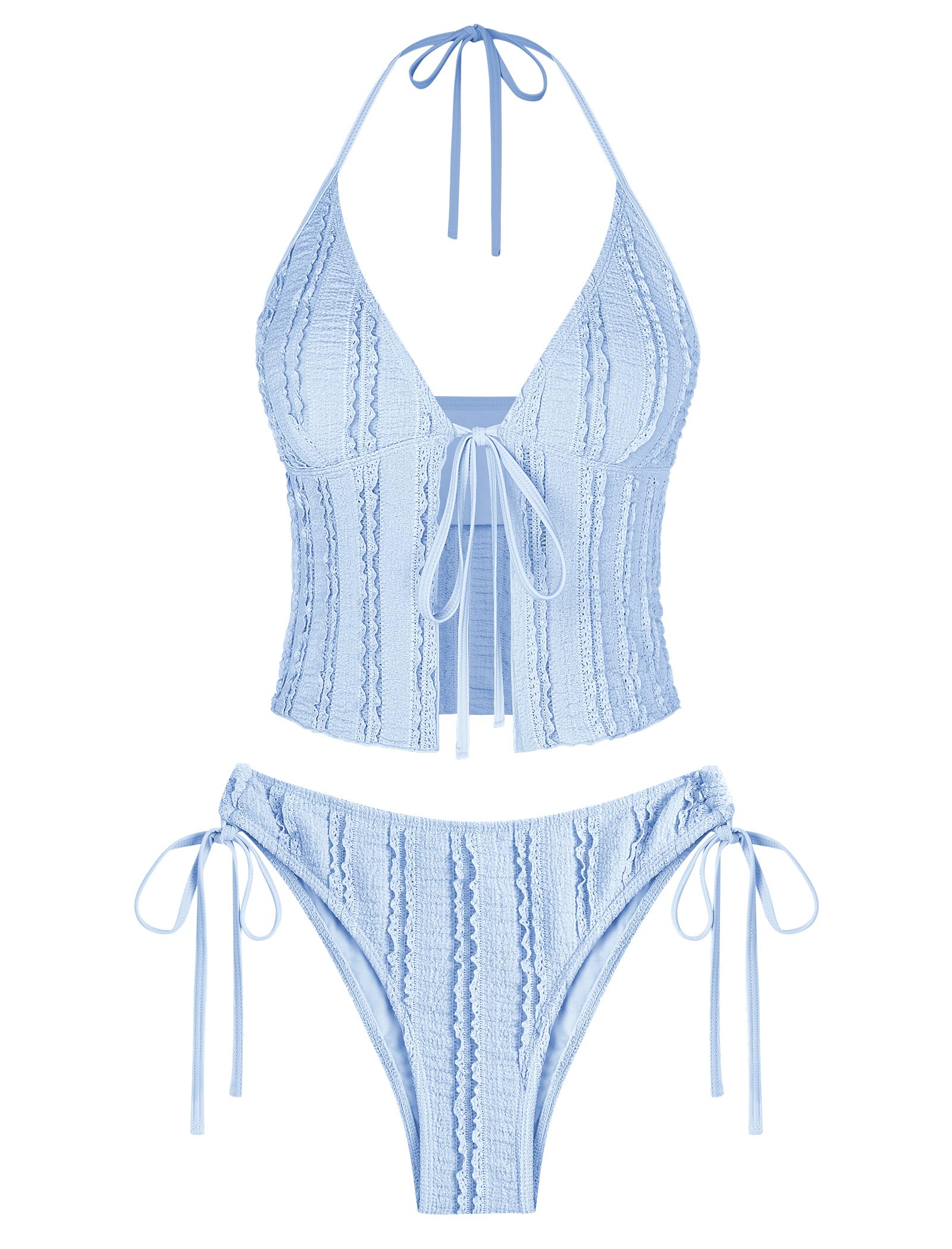 Photo 1 of ZAFUL Tankini Swimsuits for Women Smocked Ruffles Tie Front Bowknot Textured High Cut Tanga Tankini Set(Re-Light Blue, S)