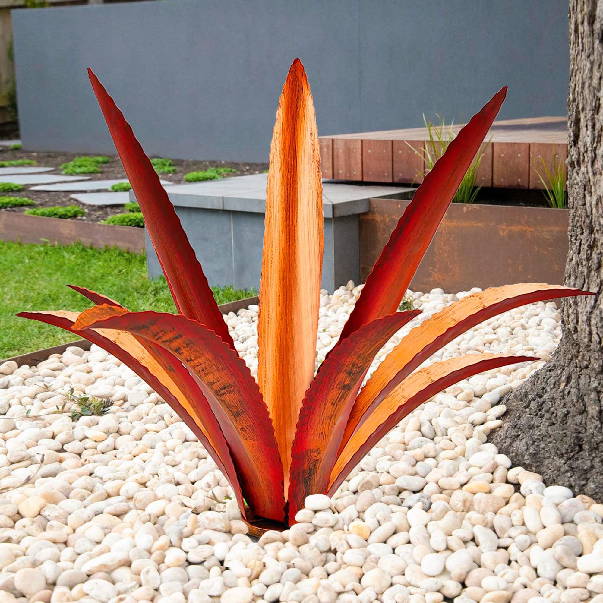 Nitoope Tequila Rustic Sculpture, DIY Metal Agave Plant Figurines for Outdoor Patio Yard, Backyard Decor, Garden Ornaments Outdoor, Present for Mum/Women, Yard Stakes and Planters (Orange-12 leaf)