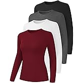 Siimcuzy 1/4 Pack Women's Long Sleeve Shirts Fitted Basic Ribbed Undershirt Underscrub Compression Tops T Shirts for Casual
