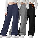 LessonZoo 3 Pack Girls Thermal Fleece Cargo Sweatpants 5-14y 4 Pockets Kid Warm Wide Leg High Waist Baggy Casual Pants Jogger